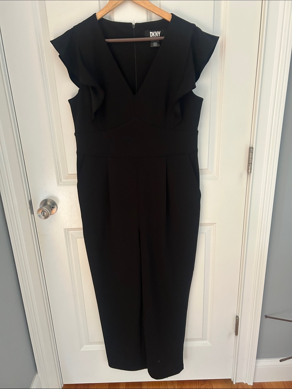 DKNY Black V-Neck Ruffle-Shoulder Midi Jumpsuit Dress